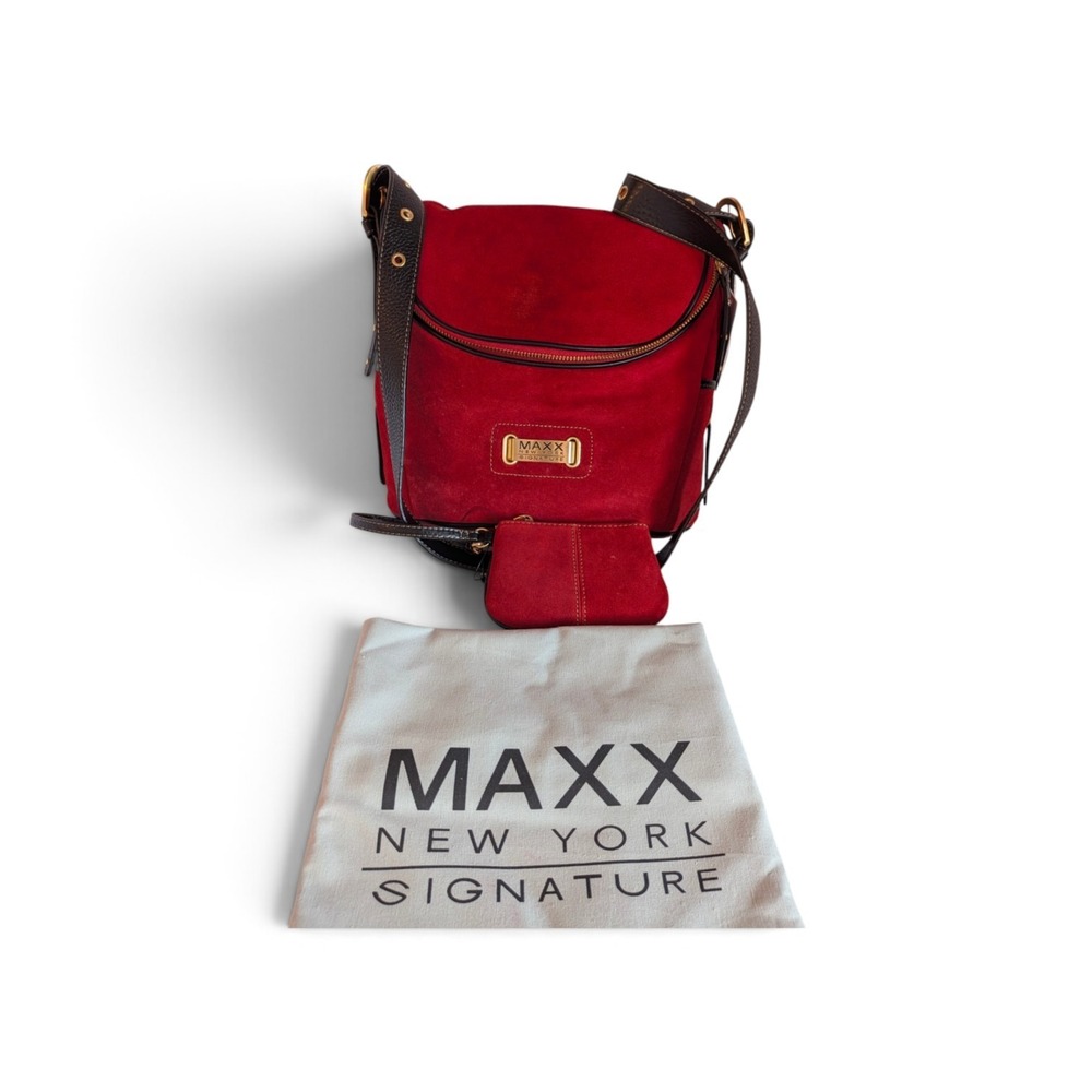 MAXX New York Signature Red Suede Crossbody Bag Black Leather Strap BOHO NWT